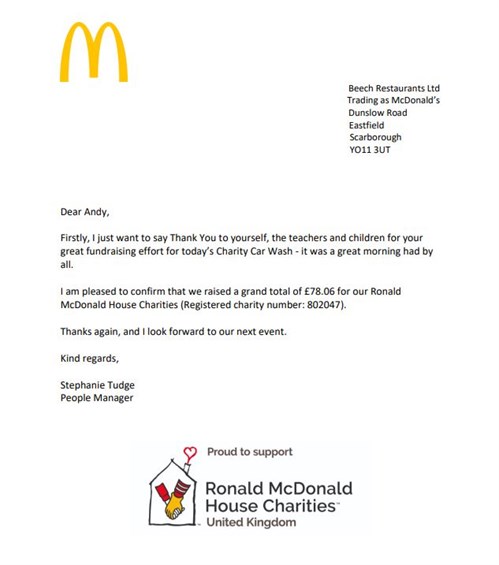 Scarborough Charity Car Wash Ronald Mcdonald Charity Thank You Letter