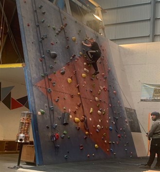 Sunderland Climbing Wall Student On Angled Wall